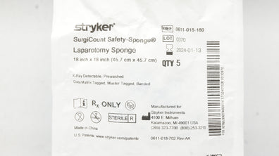 Stryker 0611-018-180 SurgiCount Safety-Sponge 18In x 18In (x) - Pack of 5